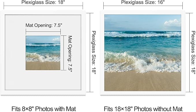 18x18 Poster Frame-White, 8x8 Mat,Engineered Wood,Polished Plexiglass