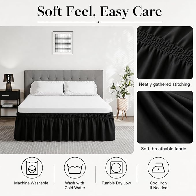 Vocander Black Queen Bed Skirt 16 Inch Drop, Elastic Wrap Dust Ruffle | Hides Underbed Storage, No Mattress Lifting, Elastic Stays Put, Soft Fabric, Machine Washable, Polished Look