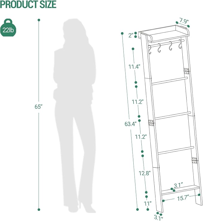 Hzuaneri Blanket Ladder Shelf, Farmhouse Ladder Holder, Blanket Organizer | 6-Tier Decorative Quilt Rack with 4 Removable Hooks 7.9" D x 17.3" W x 63.4" H, Greige BR35805B