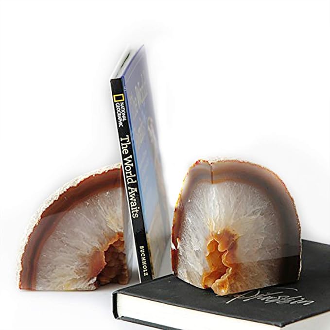JIC Gem Natural Agate Geode Bookends Anti-Slip Heavy Duty 1 Pair 6-8 Lbs | Heavy Duty Decorative Crystal Book Stoppers Stone Book Supports for Shelf Desktop Home Office Decor Crystal Ornament Gift