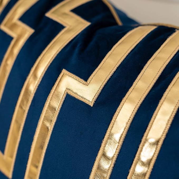 Alerfa Gold Leather Striped Navy Blue Throw Pillow Cover 18x18 Inch, Geometric Luxury Decorative Embroidered Velvet Pillow Cover for Couch Living Room Bedroom