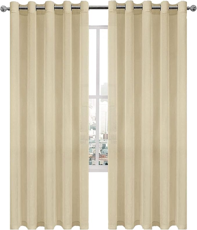 Beige Sheer Curtains 60x84 Inch Grommet Linen Look Set of 2 Panels
