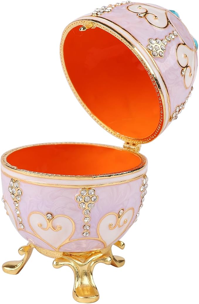 QIFU Hand Painted Pink Easter Egg Style Enamel Trinket Box Hinged, Unique Gift for Family