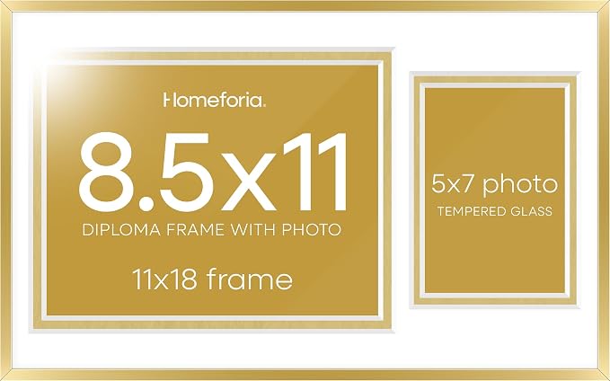 Homeforia 11x18 Gold Diploma Frame, High-End Metal, 8.5x11 & 5x7 Mat