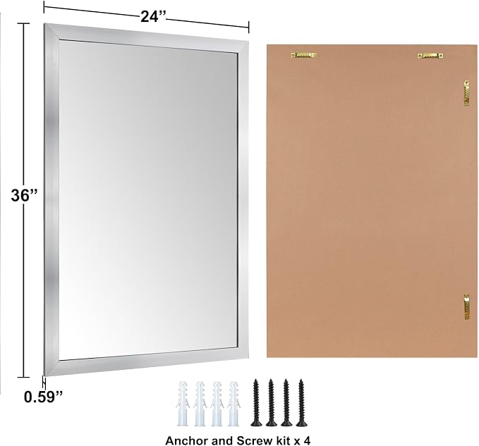 Bathroom Mirror for Over Sink 36x24 Inch Rectangular Wall Mirror, Nickel | Framed Wall Mounted Mirror, Hangs Horizontally or Vertically for Vanity, Entryway, Restroom