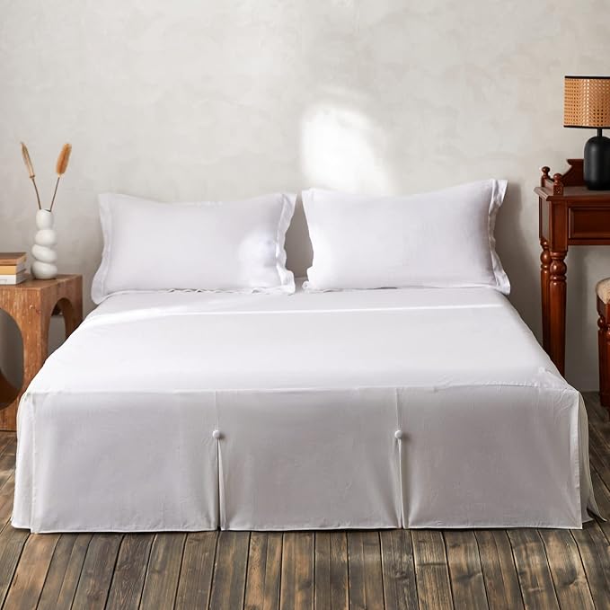BISELINA French Linen Bed Skirt Split Corner with Button 18-Inch Tailored Drop Natural Flax Cotton Blend Basic Dust Ruffle Soft Cozy (18" King,Button White)