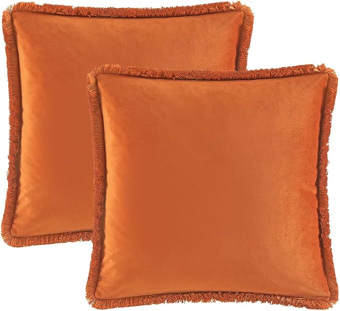 JUSPURBET Pack of 2 Rust Decorative Fringe Velvet Throw Pillow Covers 26x26 for Home Decor Living Room Bedroom Car Boho Soft Cushion Cover with Hidden Zipper Machine Washable