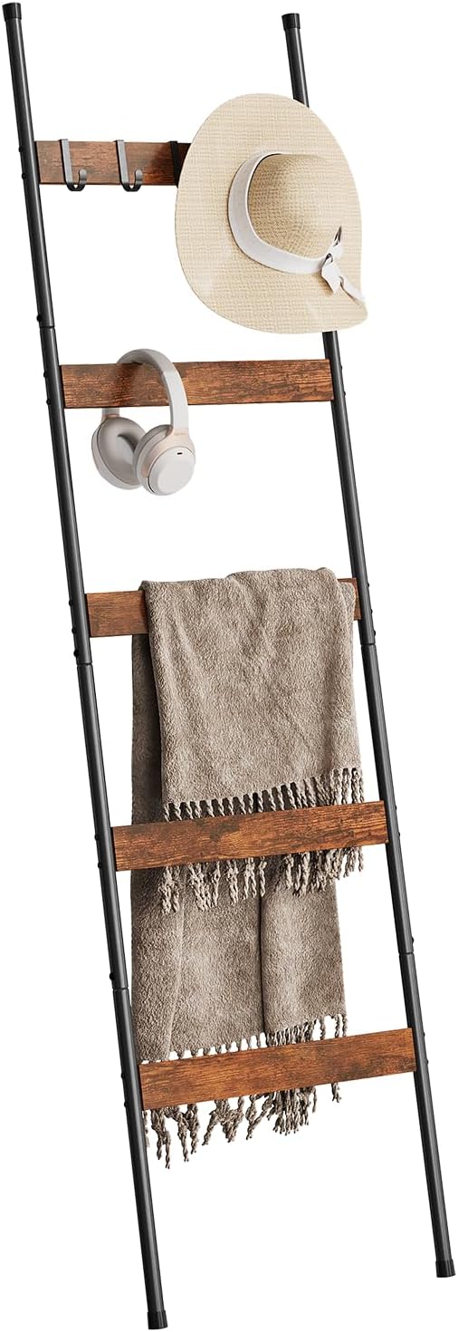 ELYKEN Blanket Ladder, 5-Tier Towel Rack, Wall-Leaning Quilt Holder | Farmhouse Wood Display Stand with 4 Hooks, Decorative Rack Shelf for Living Room, BedRoom, Bathroom, Rustic Brown