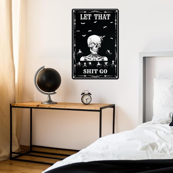 Skull Poster - Funny Bathroom Sign Wall Decor - Halloween Skull Decor - Let That Shitgo - Quote Wall Art for Bathroom Decor - 8x12 inches Hanging Tin Sign