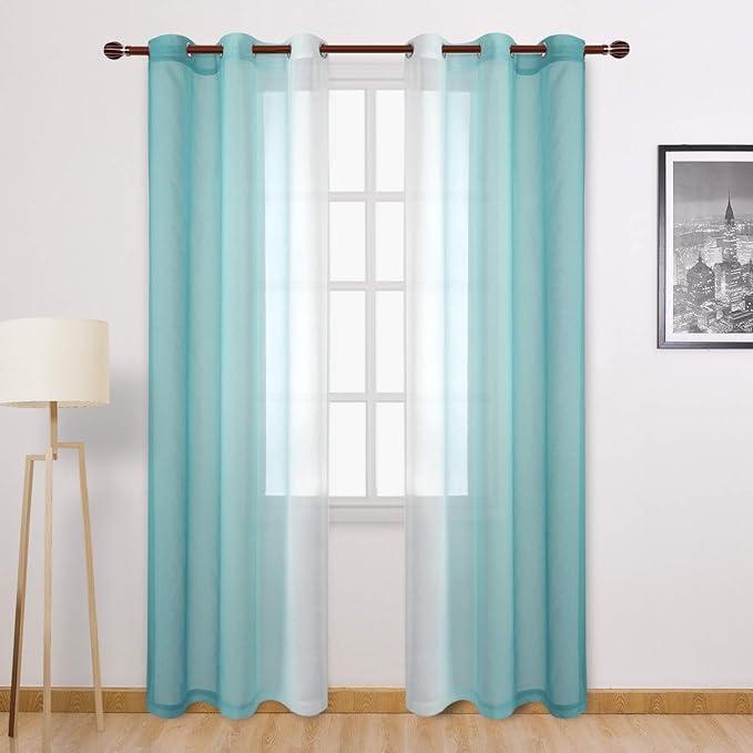 DWCN Ombre Sheer Curtains - Faux Linen Gradient Semi Voile Grommet Top Bedroom and Living Room Curtains, Set of 2 Window Curtain Panels, 42 x 84 Inches Long, Teal