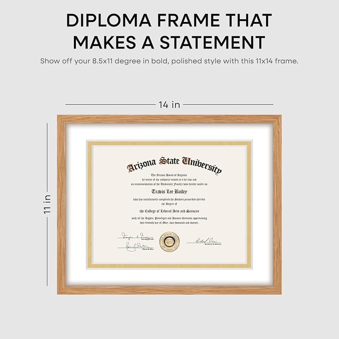 Homeforia 11x14 Natural Oak Diploma Frame, High-End Wood, 8.5x11 Mat, Glass