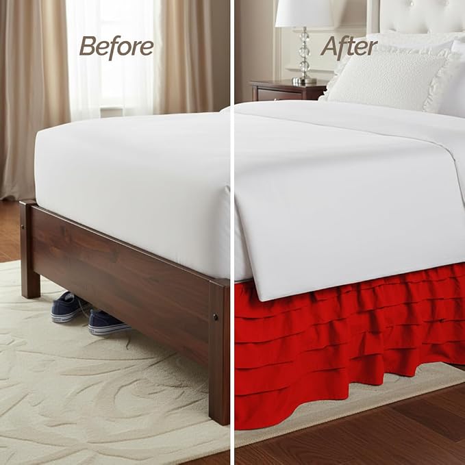Elegant Comfort Luxurious Premium Quality 1500 Thread Count Wrinkle and Fade Resistant Egyptian Quality Microfiber Multi-Ruffle Bed Skirt - 15inch Drop, California King, Red