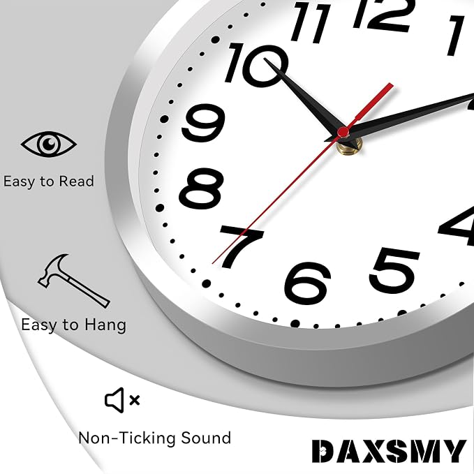 Roymnie 12 Inch Wall Clock, Battery Operated Silent Non Ticking Silver | analog wall clock; bold numerals for easy reading; silent non-ticking; 1 AA battery (not included); for classroom