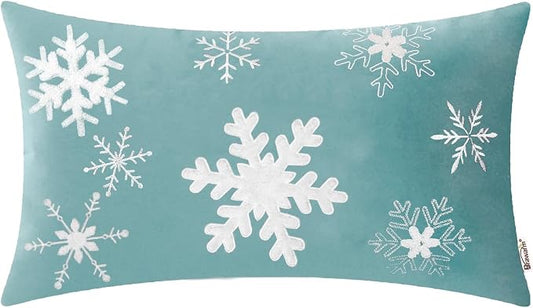 BRAWARM Christmas Pillow Cover 12 X 20 Inches, Teal Snowflake Embroidered Lumbar Pillow Cover, Soft Velvet Decorative Throw Pillow for Couch Bed Sofa Living Room Home