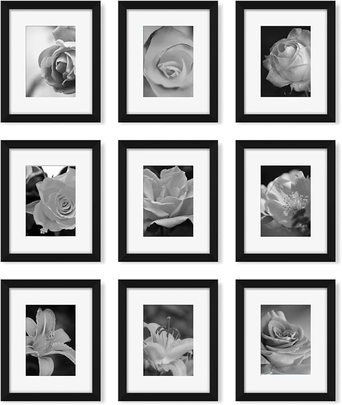 YESKAY 8x10 Picture Frame Set of 9, Display Pictures 5x7 with Mat or 8 x 10 Without Mat, Multi Photo Frames for Wall Mounting or Table Top Display, Black