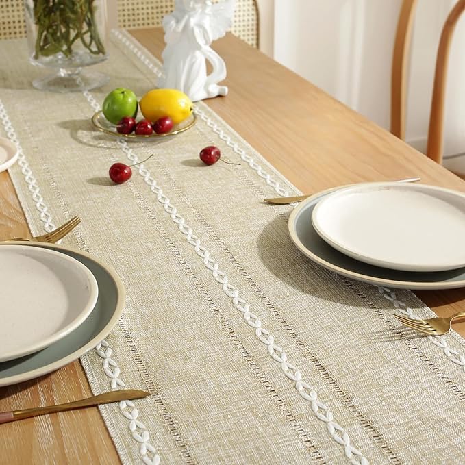Wracra Rustic Linen Table Runner, Coffee Table Runners 48 inches Long | Raised Embroidered Hollow Design and Hand-Tassels;Cotton Linen Woven Fabric; Farmhouse Table Runner;Home Dining Decor