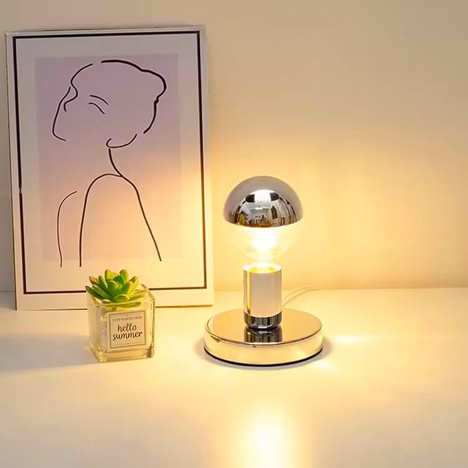 Simple Unique Lamp Base Only,Mini Bedside Table Lamp Bases,E26 Edison Light Bulb Stand Lamps for Small Spaces,Minimalist Desk Lamps Set w/ 5.8ft White Cord Switch Plug,No Bulb,Silver/Chrome,S