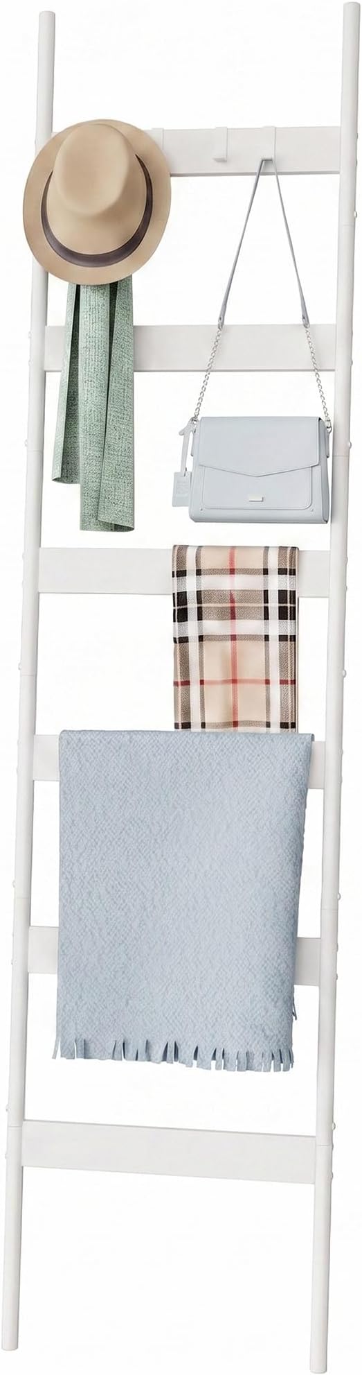 Blanket Ladder, 6-Tier Towel Holder with 4 Removable Hooks, Farmhouse Wall Leaning Decorative Rack Shelf, Wooden Towel Display Rack, Quilt Ladder for Living Room, Bedroom, White