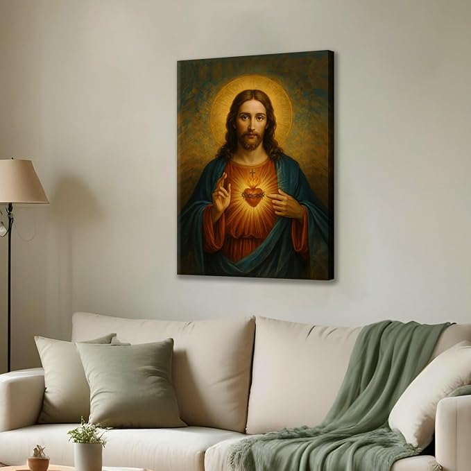 AUUAUU Sacred Heart of Jesus Wall Art Christian Canvas Painting 12x16 Inch | Religious Spiritual Picture Print Inspirational Artwork Christmas Wall Decor for Living Room Bedroom Ready to Hang