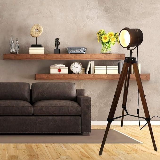 Adjustable Vintage Wood Tripod Floor Lamp for Living Room, Spotlight Black