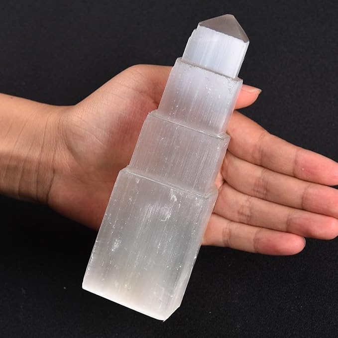 JIC Gem USB Selenite Tower Lamp Natural Selenite Skyscraper Healing Crystal Lamp 6 Inch with Wooden Light Stand Base