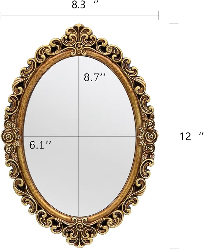 OIGUMR Oval Smallest Wall Mirror Resin Frame Size：12 x 8.3 inch Mirror Vintage Hanging Mirrors for Bedroom Living-Room Dresser Decor Gold | Vintage Hanging Mirrors for Bedroom Living-Room Dresser Decor