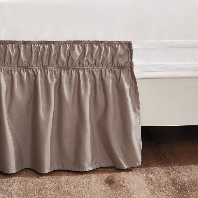 MEILA Wrap Around Elastic Bed Skirt for Queen & King Beds, 24" Drop,Taupe | Three-Side Adjustable Elastic Dust Ruffle, Ruffled Polyester Fabric, Easy to Install, Fade Resistant & Machine Washable
