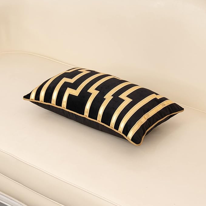 Alerfa Geometric Gold Leather Striped Throw Pillow Cover 12x20 Inch, Luxury Velvet Embroidered Decorative Lumbar Pillow Cover for Couch Living Room Bedroom, Black