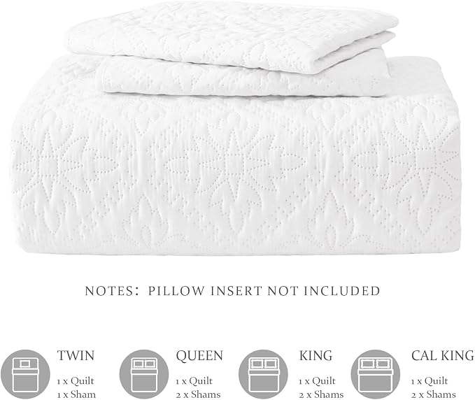 Exclusivo Mezcla King Quilt Set, White | Lightweight Soft Bedspreads Coverlets, All Season Bedding with 2 Pillow Shams, Modern Style for Bedroom Guest Room
