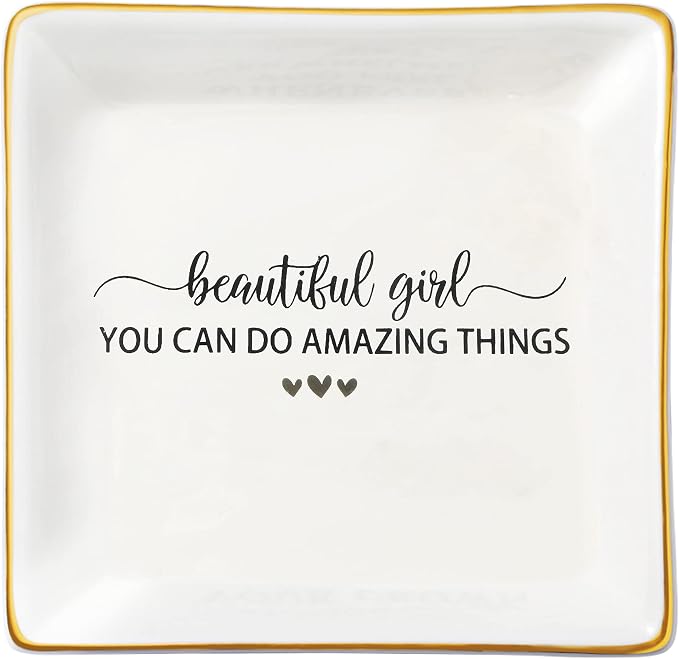 JoycuFF Inspirational Birthday Gifts for Teen Teenage Girls, Christmas Graduation Ceramic Trinket Dish Tray Jewelry Ring Holder Motivational Gifts Trendy Stuff for Best Friends Sister Daughter Niece