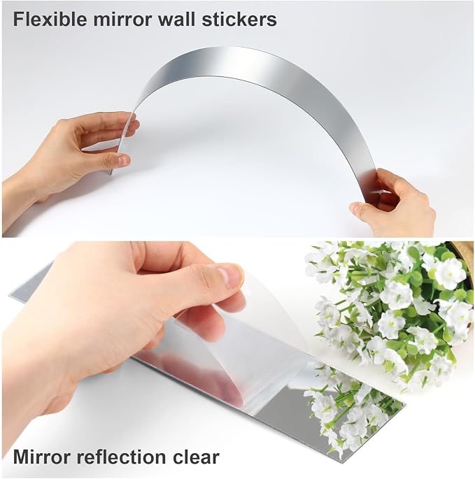 Mirror Tiles, 2''x20''Mirror Tiles Self Adhesive Stripe Wall Mirror Stickers (Not Glass) Removable Long Acrylic Frameless Mirror Sheets for Home Living Room Bedroom DIY Decor (10Pcs)