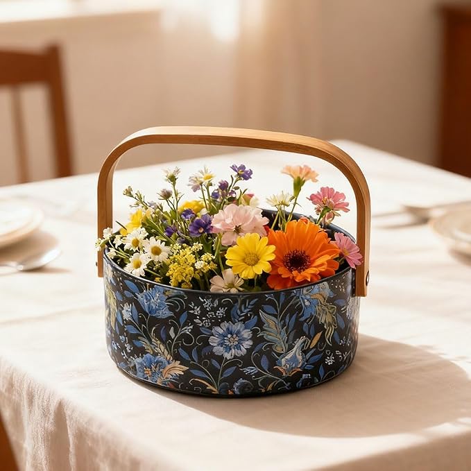 Ceramic Key Bowl with Wooden Handle Decorative Bowl Flower Basket Kitchen & Dining Table Office Room Decor(Black)