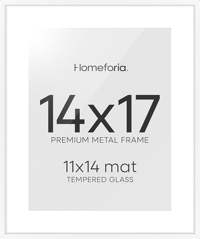 Homeforia 14x17 White Picture Frame, High-End Metal, 11x14 Mat, Glass