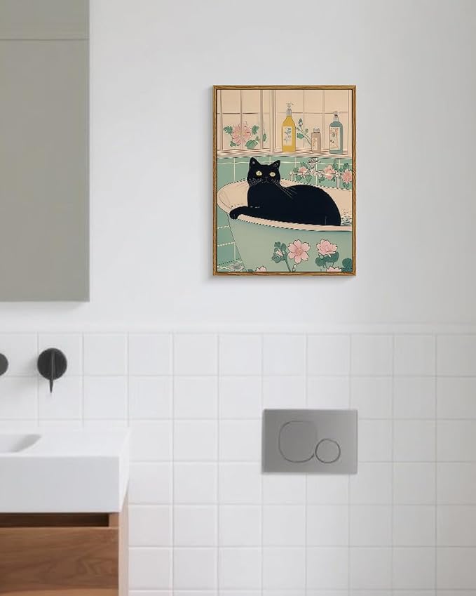WHASAYART Vintage 12x16 Framed Black Cat in Bathtub Wall Art, Retro Pastel Floral Tile Bathroom Canvas Print, Aesthetic Home Bath Spa Decor