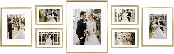 Golden State Art 7 Pack Aluminum Frames, Includes 5x7 8x10 11x11, Gold | Shatter-resistant Glass, Assorted Sizes: One 11x14, Two 8x10, Four 5x7, Horizontal/Vertical Wall Mount & Tabletop Display