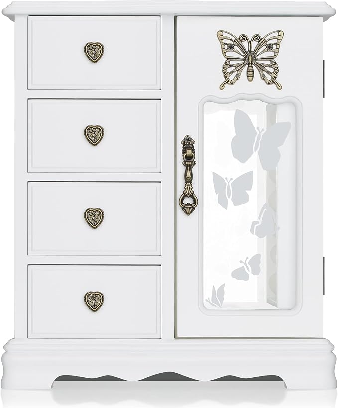 RR ROUND RICH DESIGN Solid Wood Jewelry Box for Women White | Vintage Butterfly Glass Door Jewelry Armoire with Mirror, 4 Drawers & Rotating Necklace Carousel
