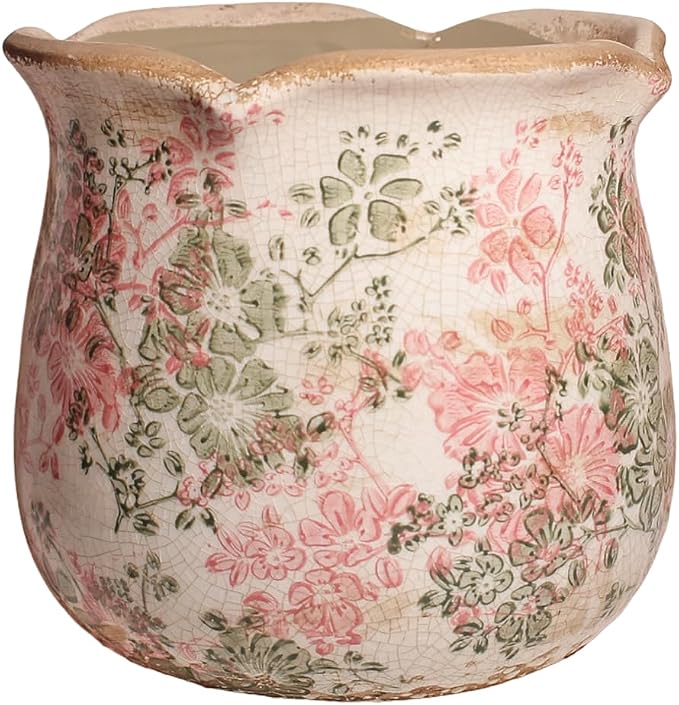 Ceramic Pots for Plants, Pink Colorful Vintage Plant Pot with Drainage Hole | 6.11 Inch Crackle Glaze Planter for Indoor/Outdoor Plants, English Cottage Shabby Chic Home Decor, Pastel Meadow