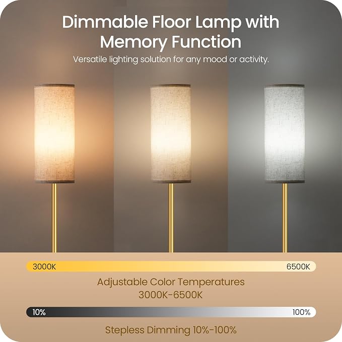 Set of 2 Dimmable Floor Lamps for Living Room with 2 Remotes and Foot Switch, Modern Standing Tall Lamp, Corner Lamp for Bedroom, Bulb Included, 3000K-6500K, Beige and Gold DE06LDP205W1