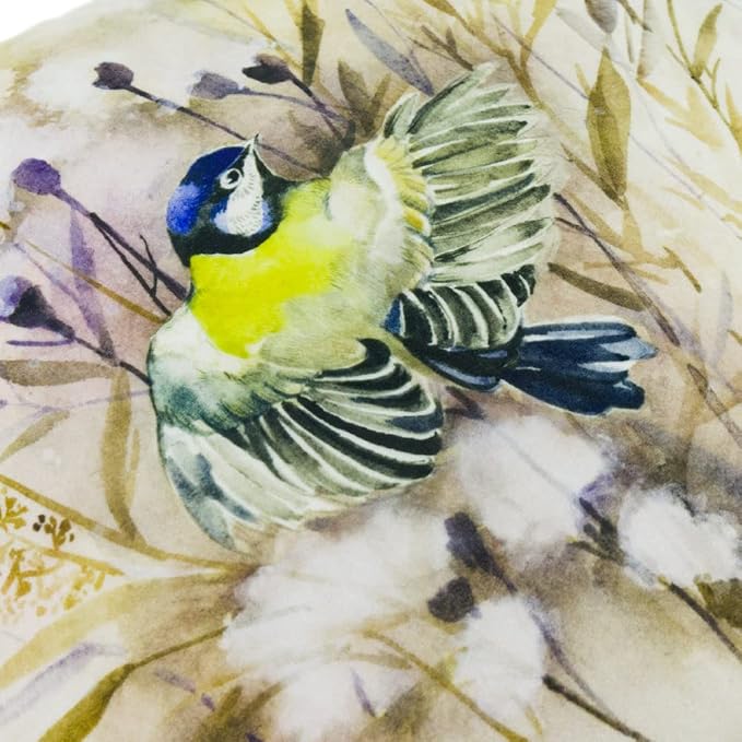 JWH Watercolor Blue Tit Bird Throw Pillow, Wildflower Meadow Decorative Cushion, Soft Velvet Pillow for Sofa, Couch, Bed, Nature Home Decor 18x18 Inches
