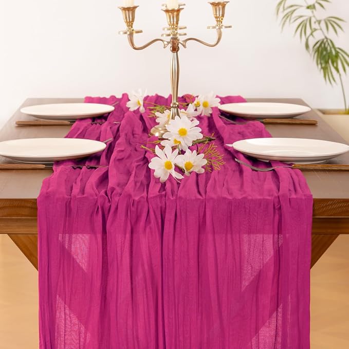 Cheesecloth Table Runner Fall Boho Wedding Birthday Party Home Decor | Hot Pink 3pcs Rustic Gauze 10FT Cheese Cloth Sheer Farmhouse Dining Runner for Baby Shower Bridal Holiday Decorations