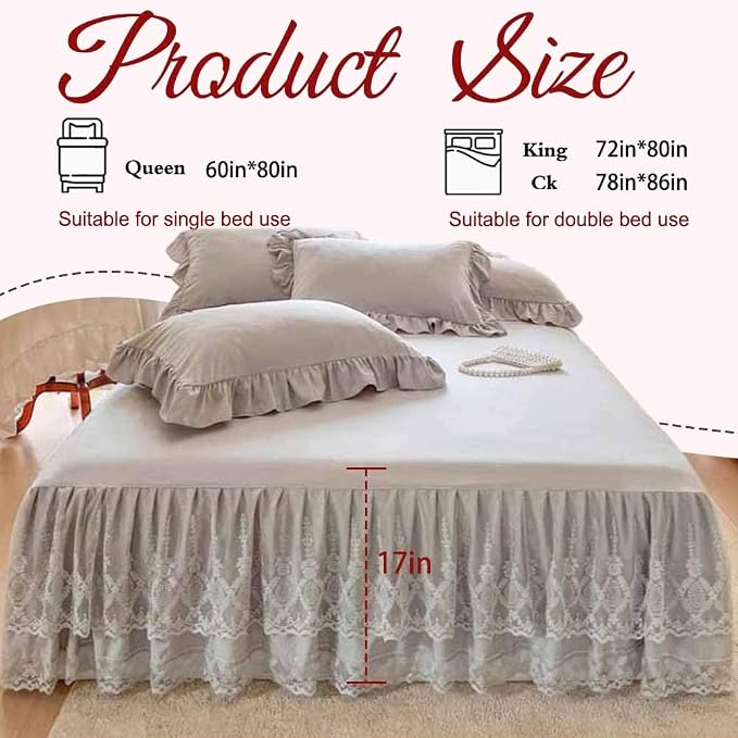 Lace Bed Skirt & Bedsheet Queen Size - 17 in. Drop, Easy Fit Ruffled Bedskirt Wrap Around Bedcover, Anti Wrinkle & Fade