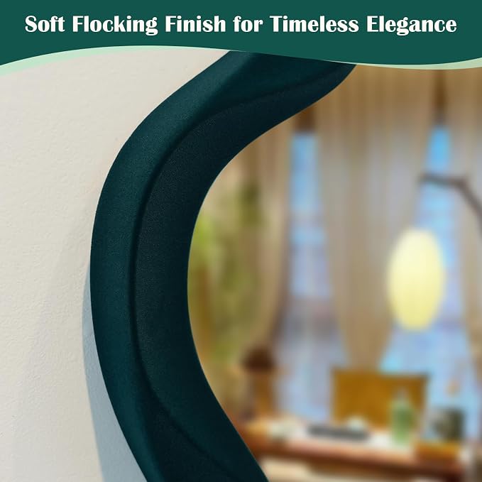 Large Decorative Wall Mirror for Bedroom Dresser Decor,Dark Green | 13.8x29.7",Soft Flocking Touch,Abstract Wavy Wall Mirrors for Home Book Coffee Shop Hotel Decoration,Unique Gift
