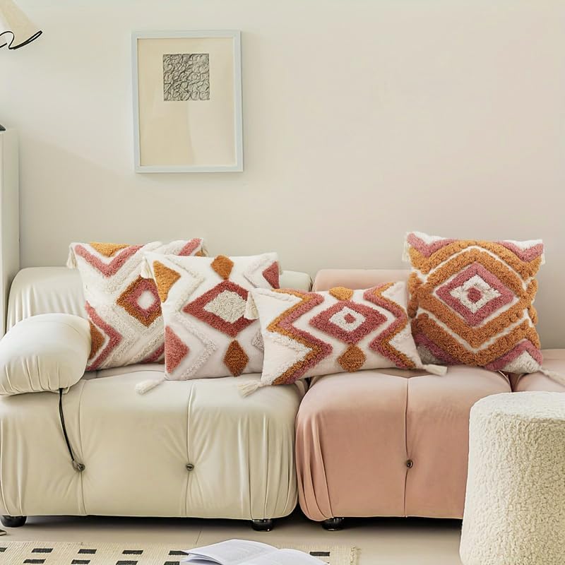 Merrycolor Boho Lumbar Throw Pillow Cover 12x20 inch,Bohemian Tufted Decorative Pillow Covers with Tassels for Couch Sofa Bedroom Living Room