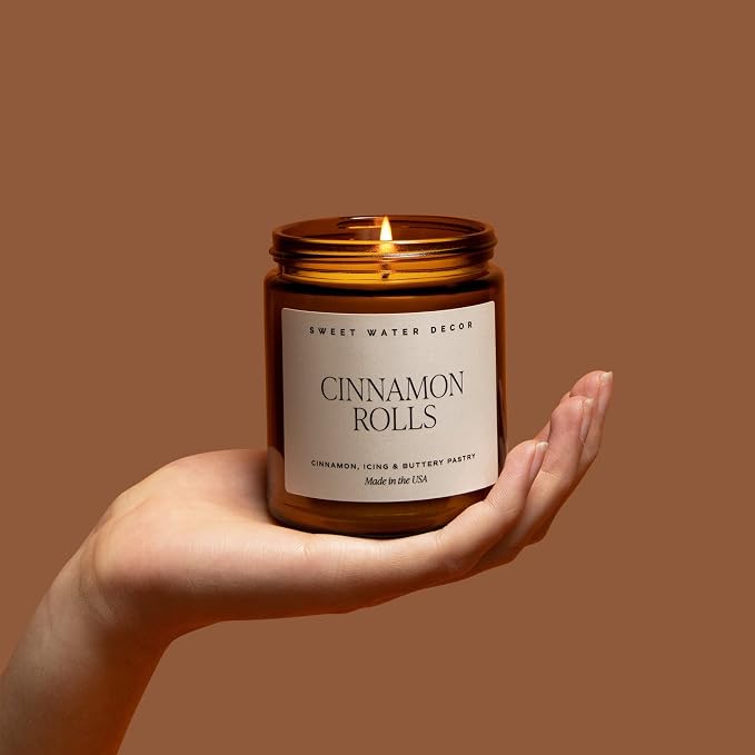 Sweet Water Decor Cinnamon Roll Candle, Fall & Winter Scents, 9oz Amber Jar