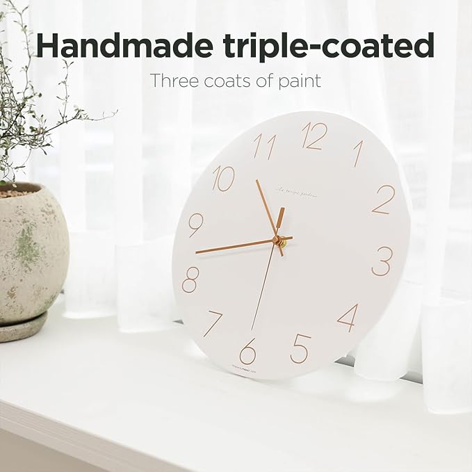 mooas Flatwood Wall Clock (Rose Gold),12" Non-Ticking Sweep Movement | Decorative Battery Operated Wall Clock for Home Living Room Kitchen Bedroom Office School
