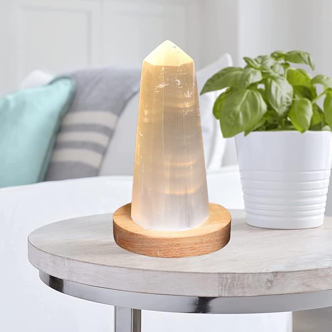 JIC Gem USB Selenite Lamp Hexagonal Crystal Points Selenite Tower Lamp Morocco Skyscraper 4 Inch with Wooden Light Stand Base