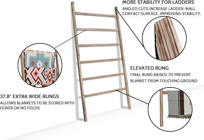 FUIN Blanket Ladder, 38in Extra Wide Wooden Rustic Decor Rack, Burnt Brown | 6.4 ft high solid wood, farmhouse quilt display ladders, organize blankets, leaning wall, bathroom and living room use