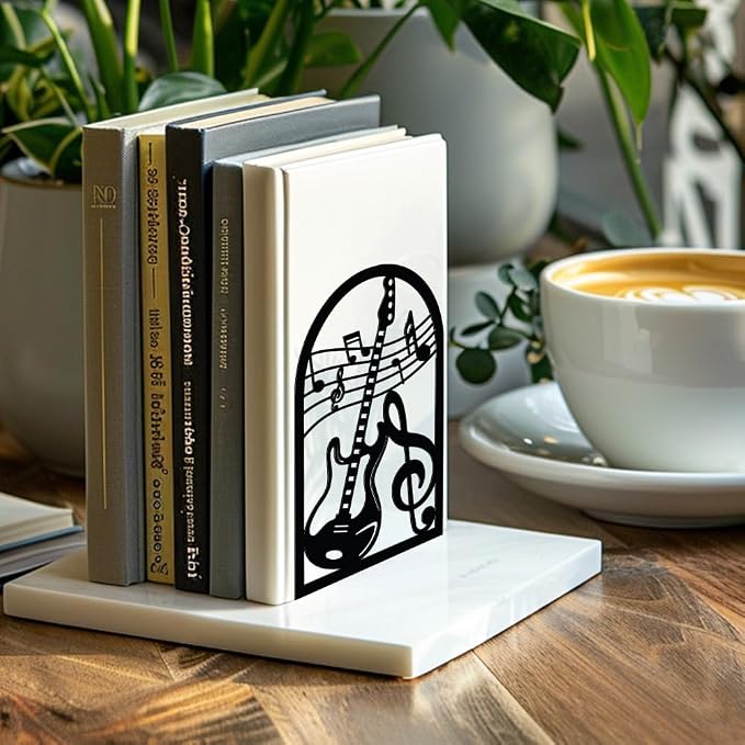 Peacoblue 5.3"x4.3"x7.9" Metal Bookends, Heavy Duty Book Ends for Shelves | Guitar and Music Note Theme Cast Iron Book Supports, 1 Pair Decor Stoppers for Desk, Library, Office & Home Shelves