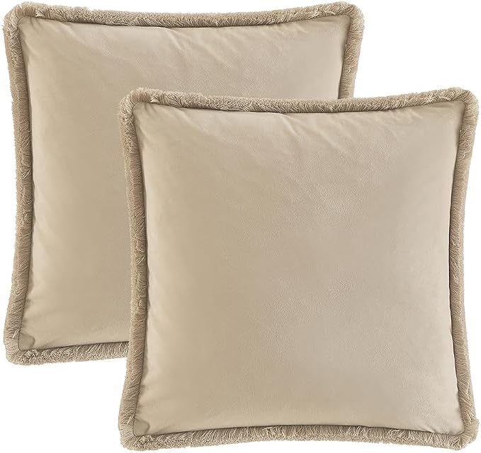 JUSPURBET Champagne Decorative Velvet Fringe Throw Pillow Covers 22x22 Set of 2 Boho Soft Cushion Case for Home Decor Living Room Couch Sofa Bed