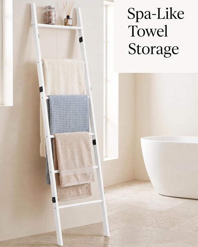 6 Tier Blanket Ladder with Shelf, Wooden Blanket Rack for Living Room, Leaning Towel Ladder Rack for Bedroom, Bathroom, Quilts, Throws, Towels and Farmhouse Décor White